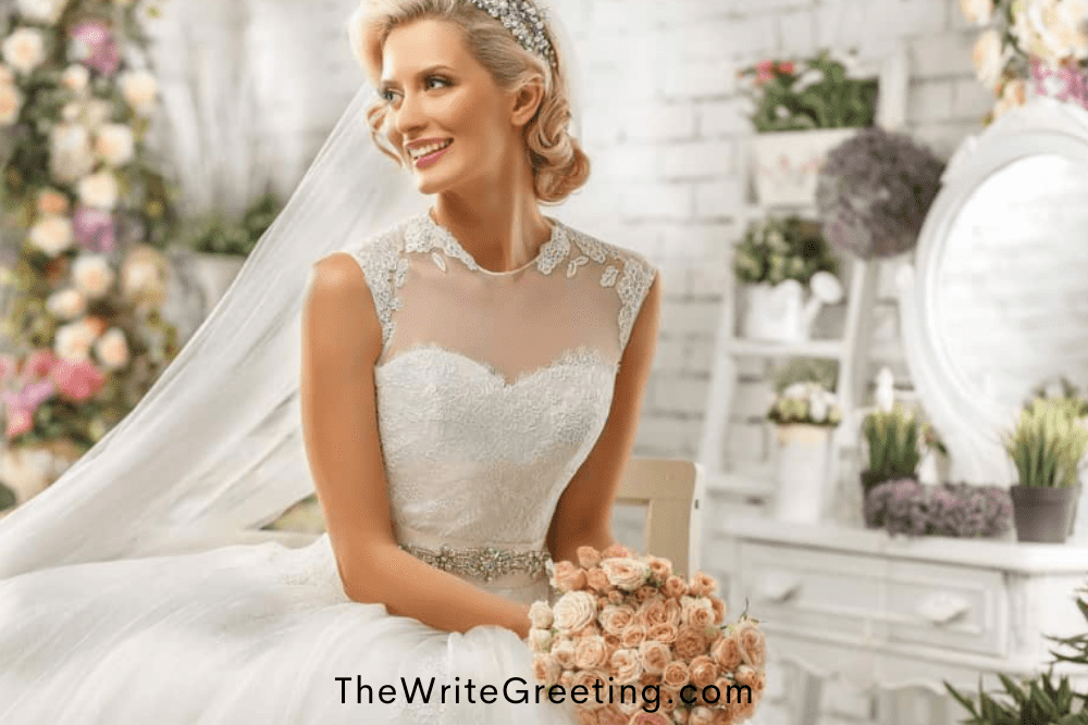 blond bride sitting in beautiful wedding dress