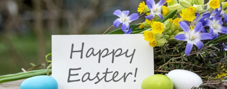 a card with Happy Easter on it surrounded by blue flowers and eggs