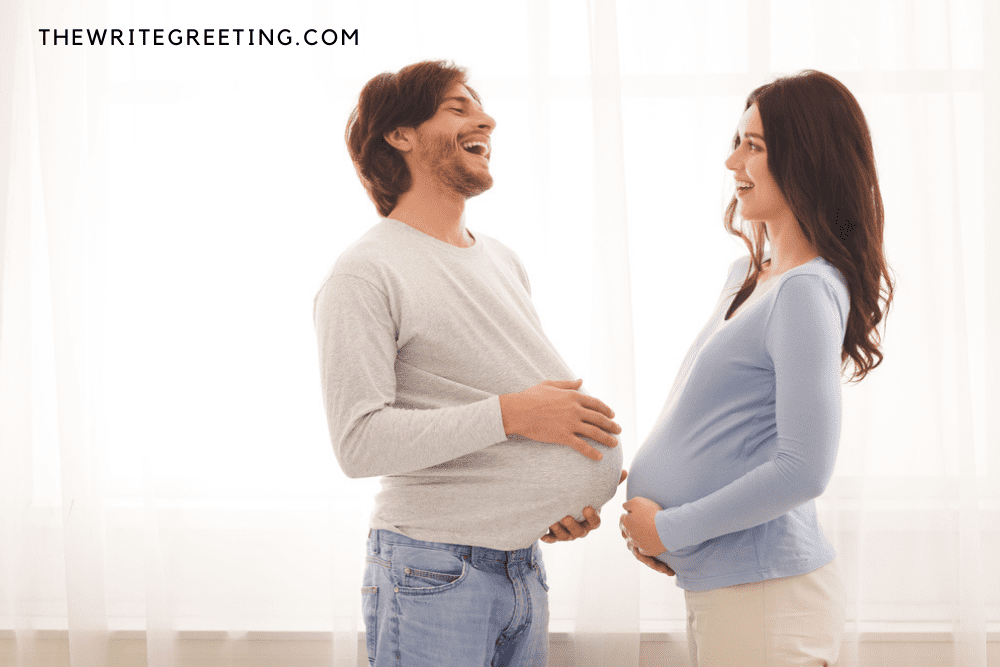 Pregnant wife with husband pretending to be pregnant
