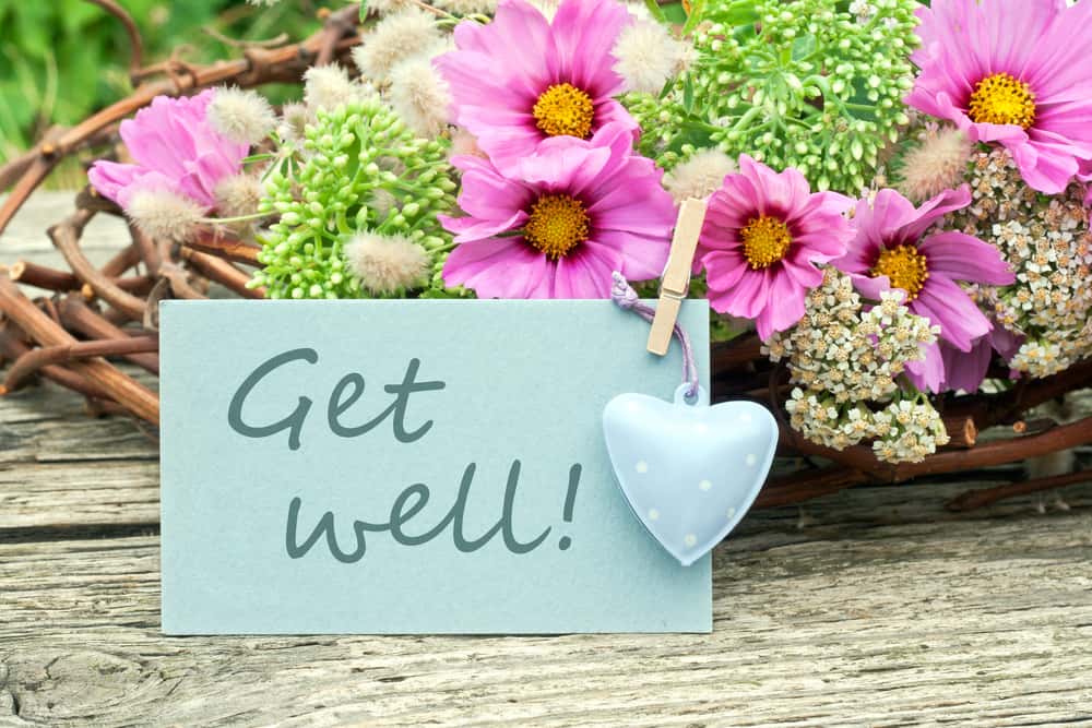 get well card sitting in front of pink flowers