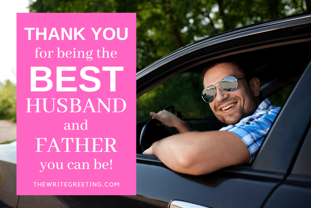 Husband sitting in car with window open and pink text