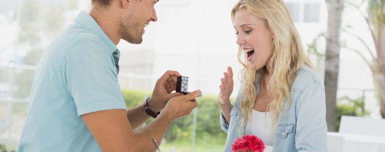 Man proposing marriage to his shocked girlfriend