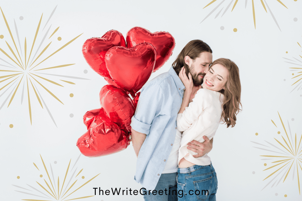 boyfriend holding heart ballons while kissing girlfriend