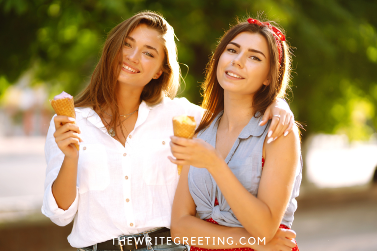 Two teenager friends female eating ice cream