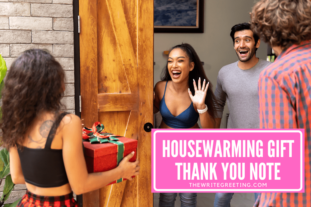 Hispanic couple welcoming people into new home with pink overlay