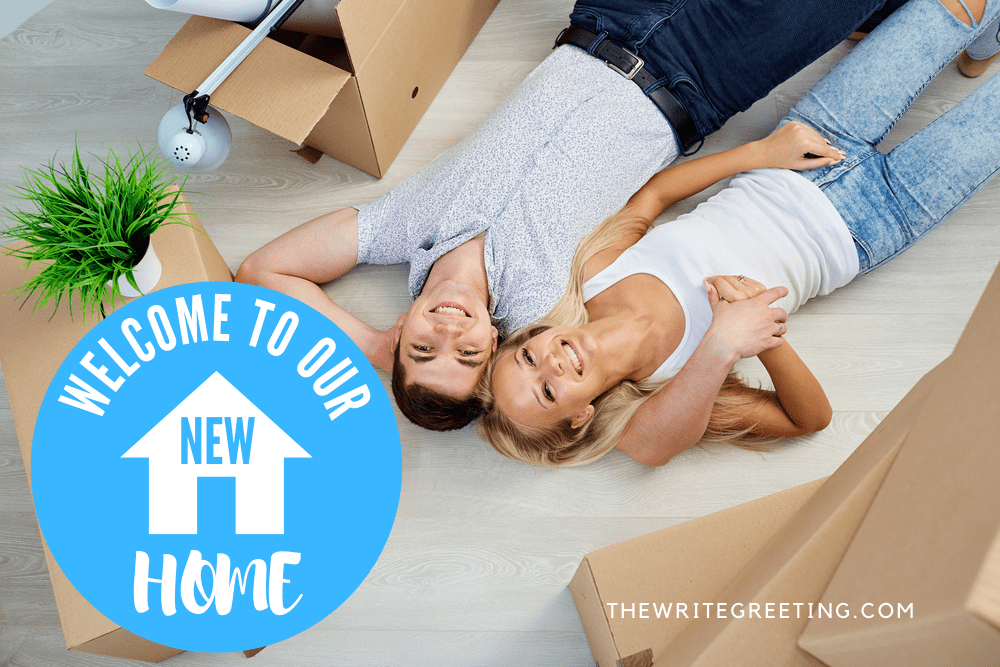 Young couple lying on floor in new home with blue home overlay