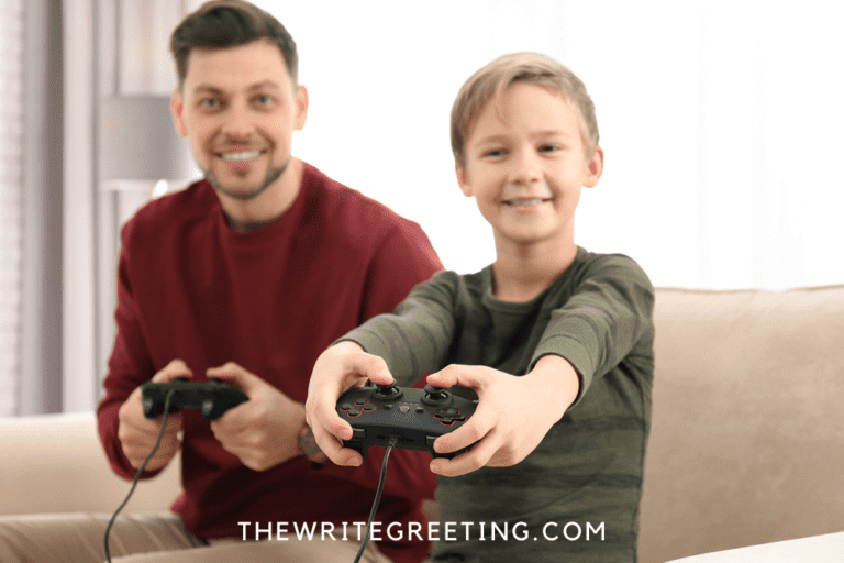 Uncle and nephew playing car game with controls
