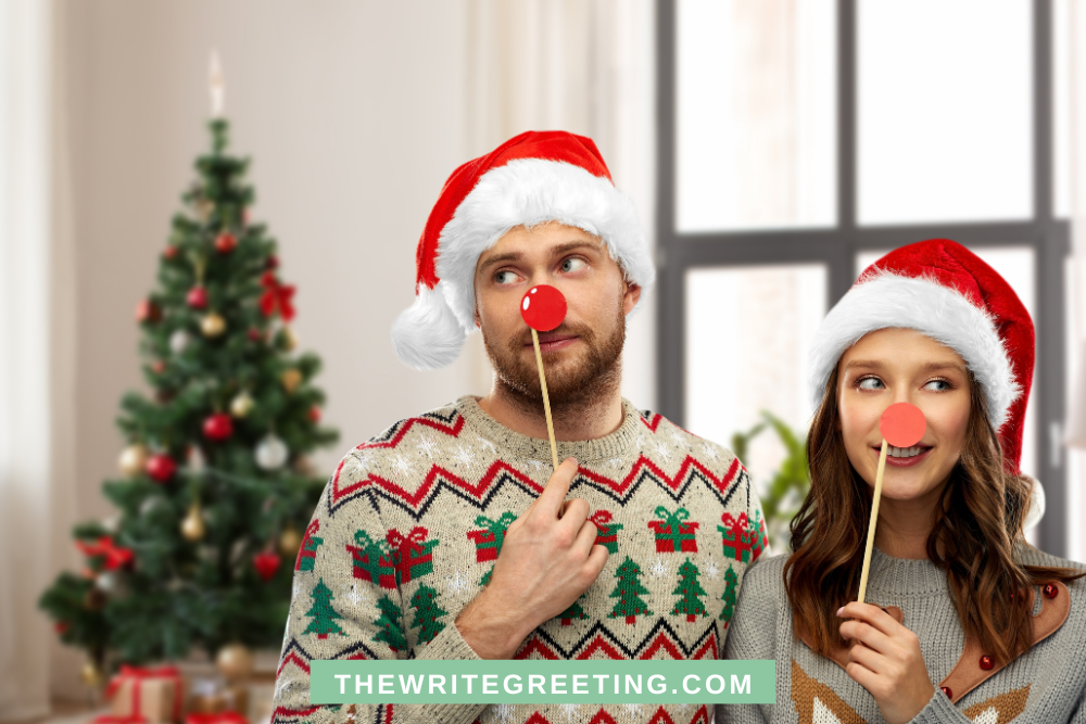 A couple with Christmas hats and fun red noses
