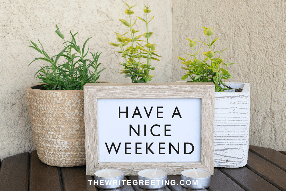 have a nice weekend sign with green plants behind
