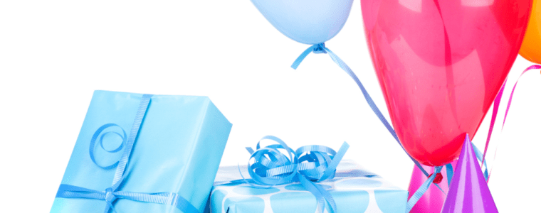 Blue Wrapped gifts and red balloons