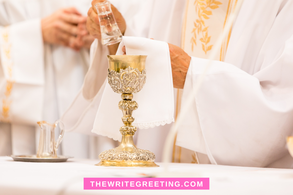 Priest wiping down chalice at wedding