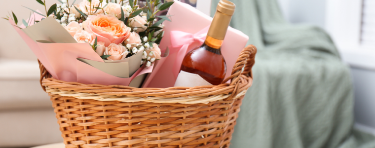 Gift basket of wine, pink card and flowers