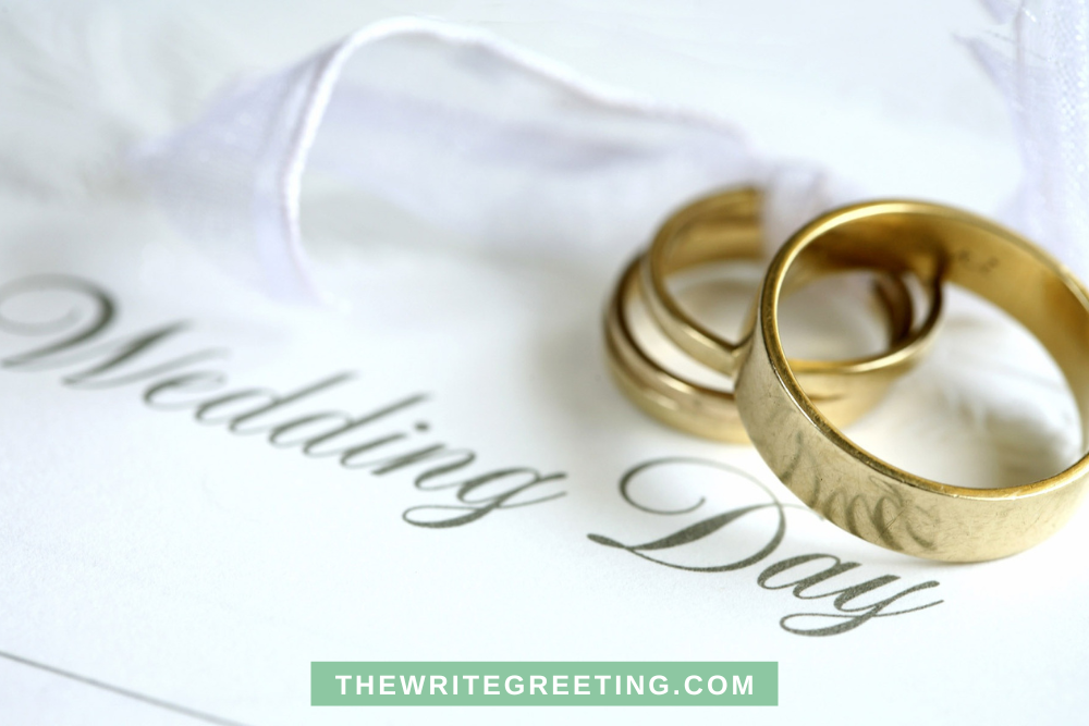 Wedding rings and wedding day written on white