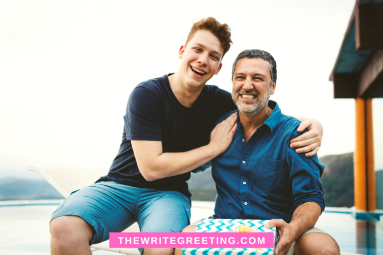 Dad and teenage son smiling