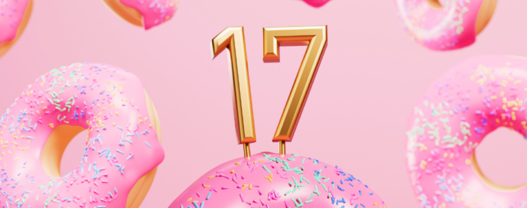 A gold 17 surrounded by pink donuts