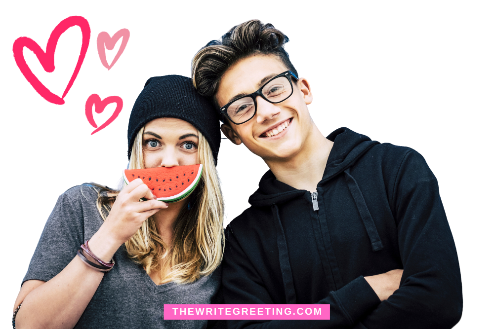Woman holdin gwatermelon slice over mouth with boyfriend