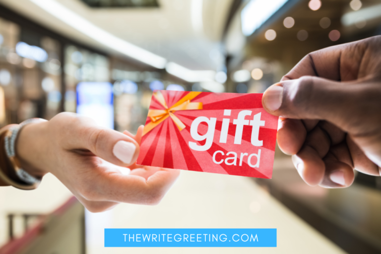 A hand passing a red gift card to another hand