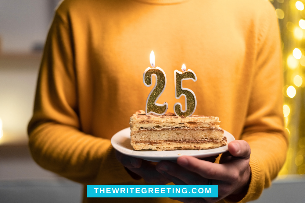 Woman holding slice of birthday cake with #25 in gold