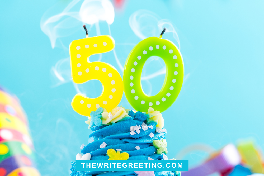 Number 50 in yellow and gree on top of birthday cake