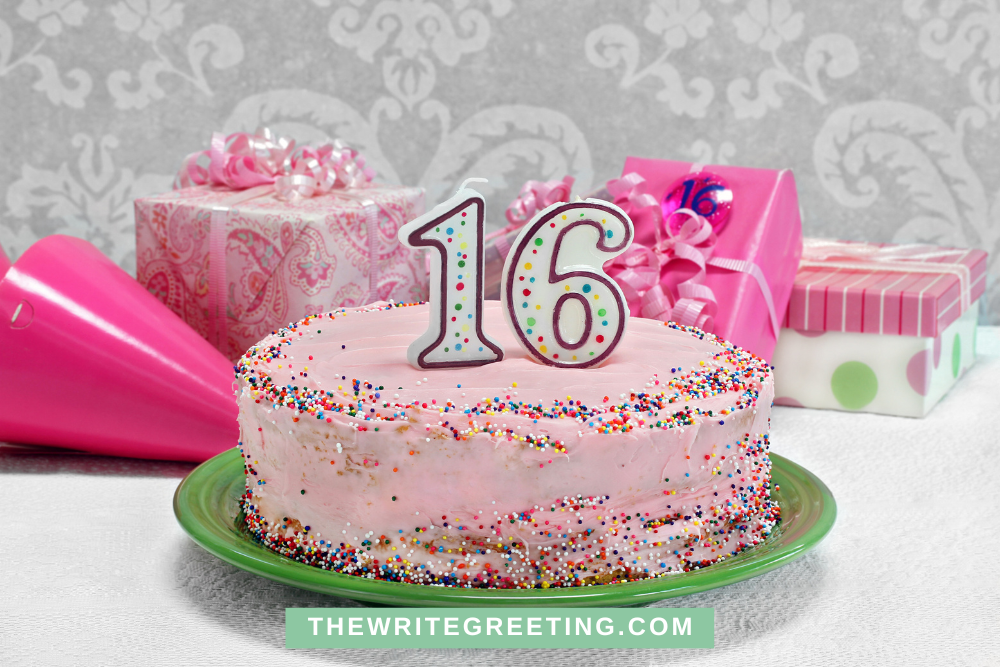 Pink birthday cake with 16 on top