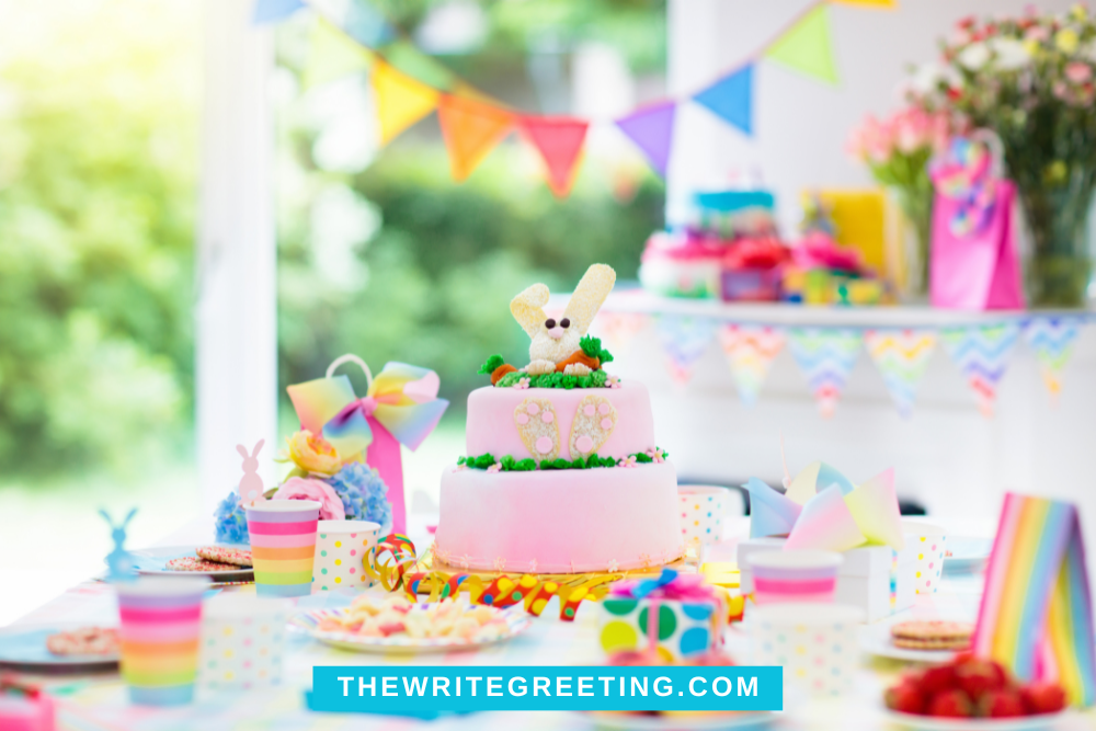 Table filled with birthday cake and decorations for godson