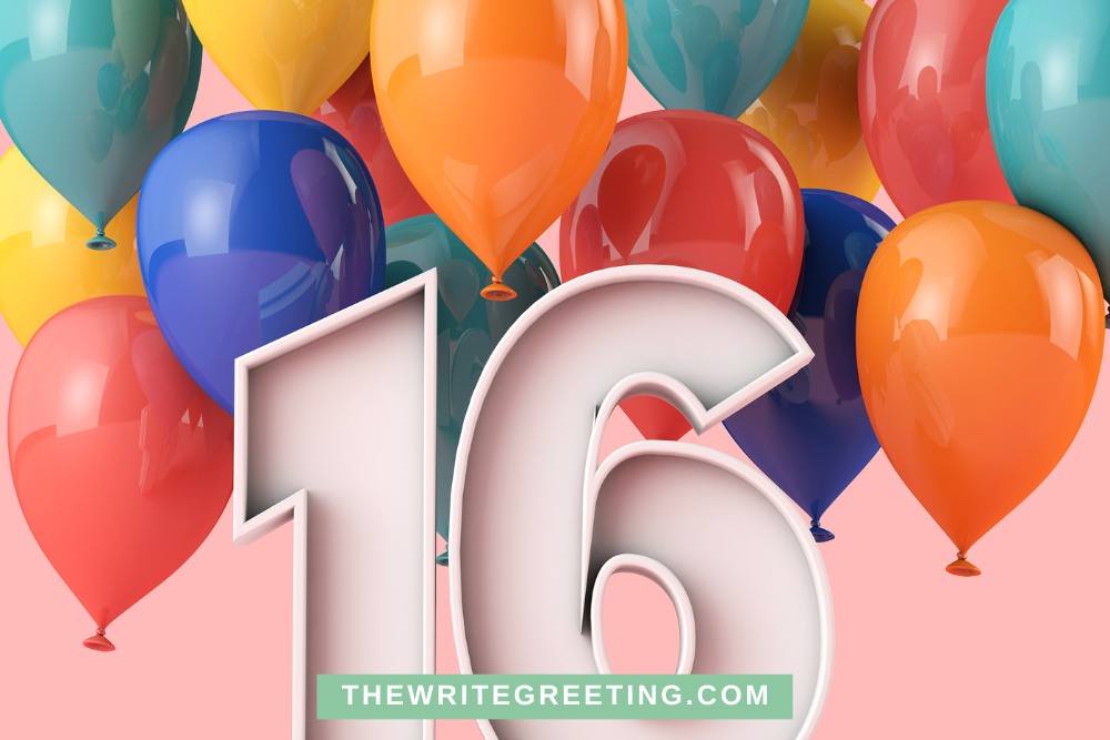 number 16 with colorful balloons behind