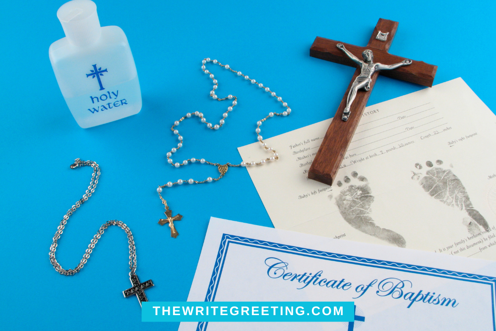 Holy cross and christening card on blue background