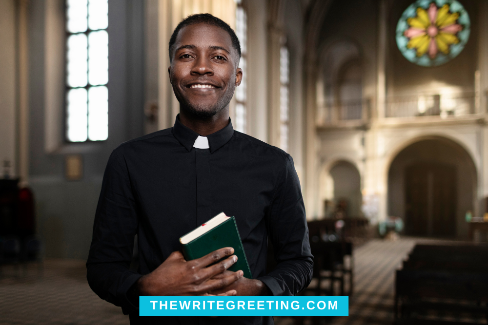 African American pastor standing holding bible at church
