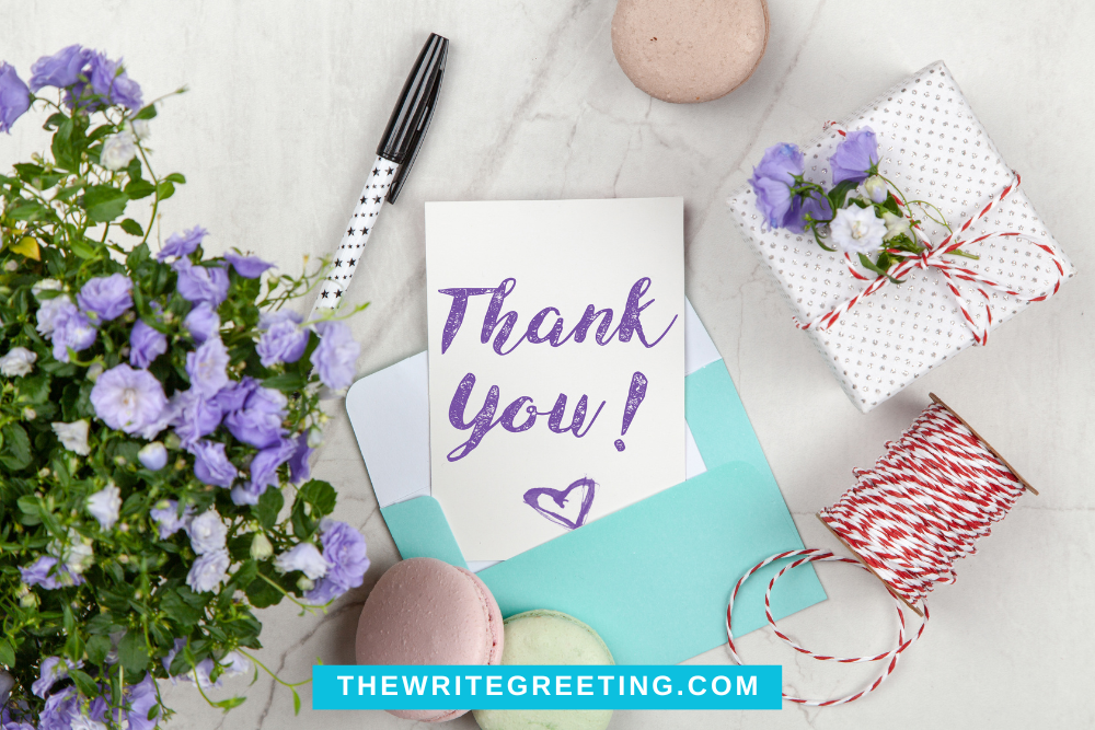 Thank you note written in purple on white background