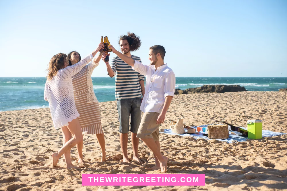 Group of friends hanging at beach raising glasses to cheers