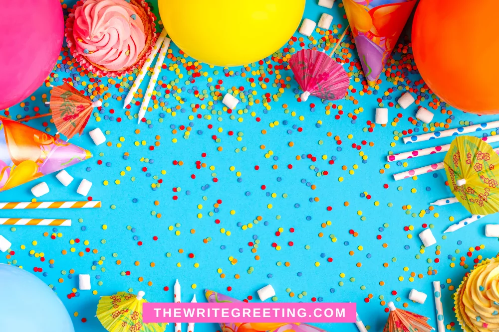 Red, blue, yellow, pink birthday decorations with confetti